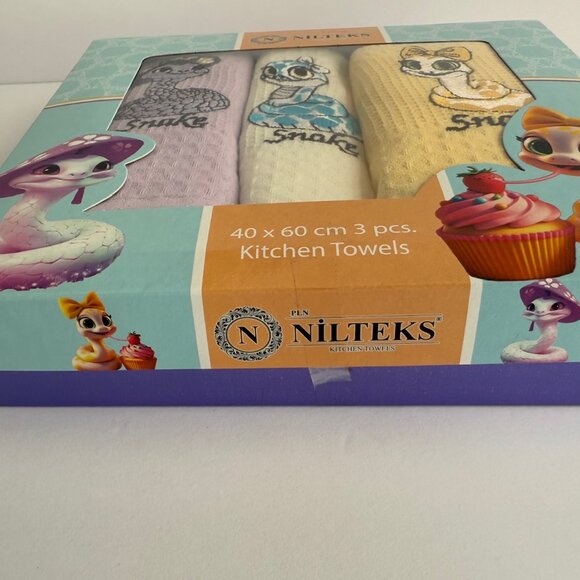 Set of 3 New Kitchen Towels 2025 Year of The Snake 40x60cm Embroidery Cotton - Picture 7 of 9